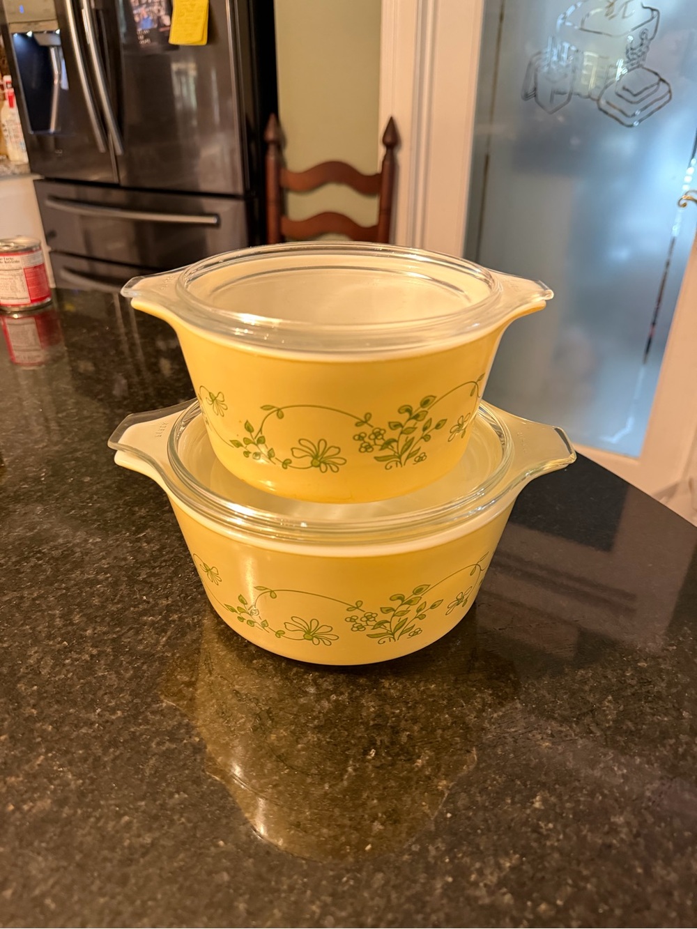 Vintage Pyrex “Shenandoah” Yellow Floral Glass Casserole Dishes with Lids